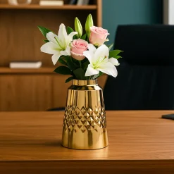 VON CASA Shiny Gold Vase – Truncated Cone (Shiny & Diamond Pattern)