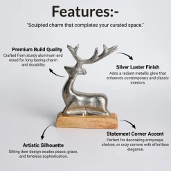 VON CASA Silver Sitting Deer with Wooden Stand