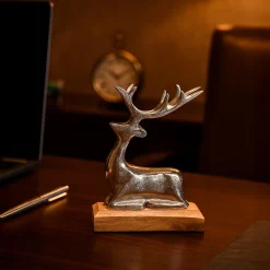 VON CASA Silver Sitting Deer with Wooden Stand