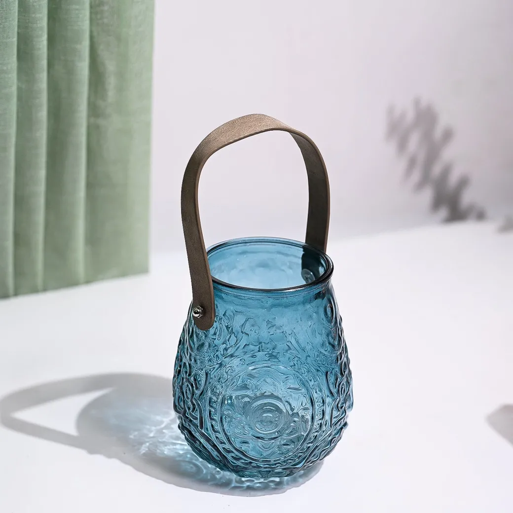 VON CASA Teal Blue Cylindrical Glass T-Light Holder