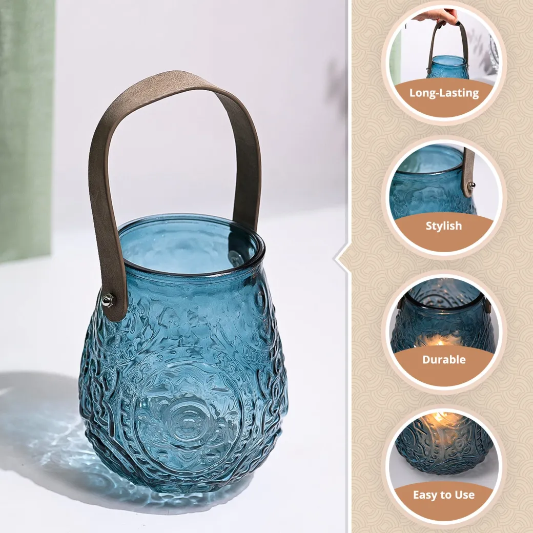 VON CASA Teal Blue Cylindrical Glass T-Light Holder