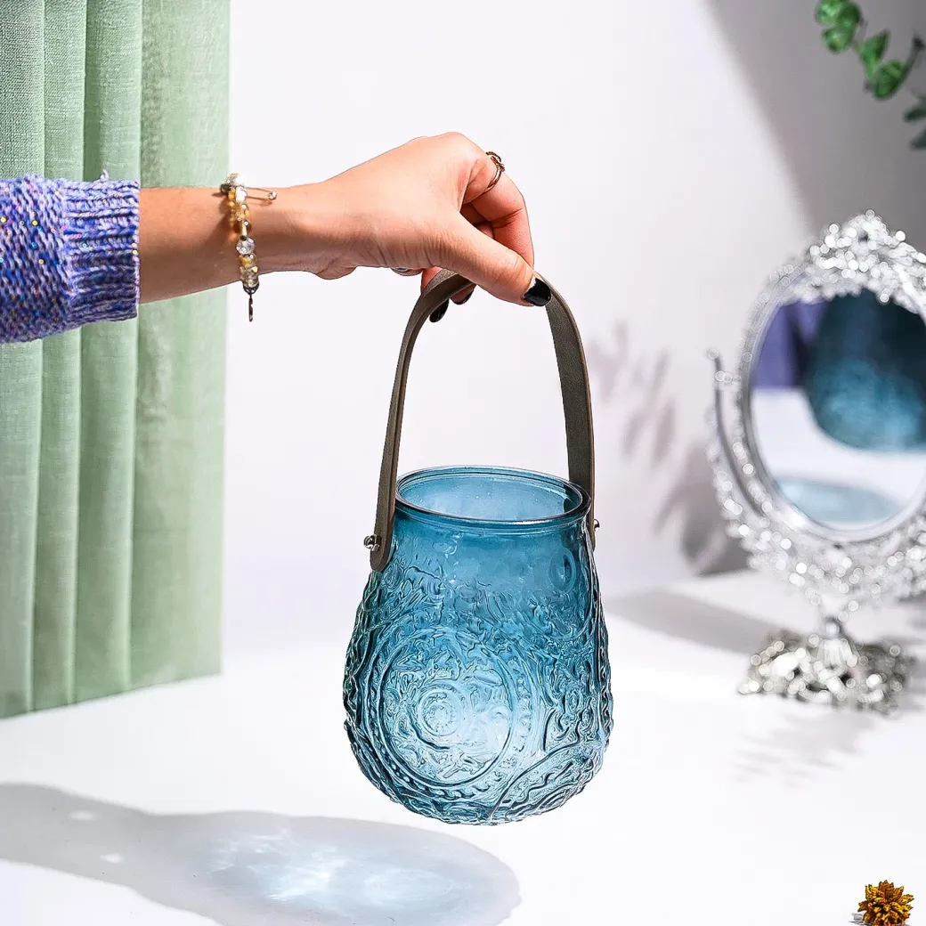 VON CASA Teal Blue Cylindrical Glass T-Light Holder