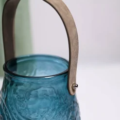 VON CASA Teal Blue Cylindrical Glass T-Light Holder