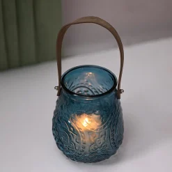 VON CASA Teal Blue Cylindrical Glass T-Light Holder