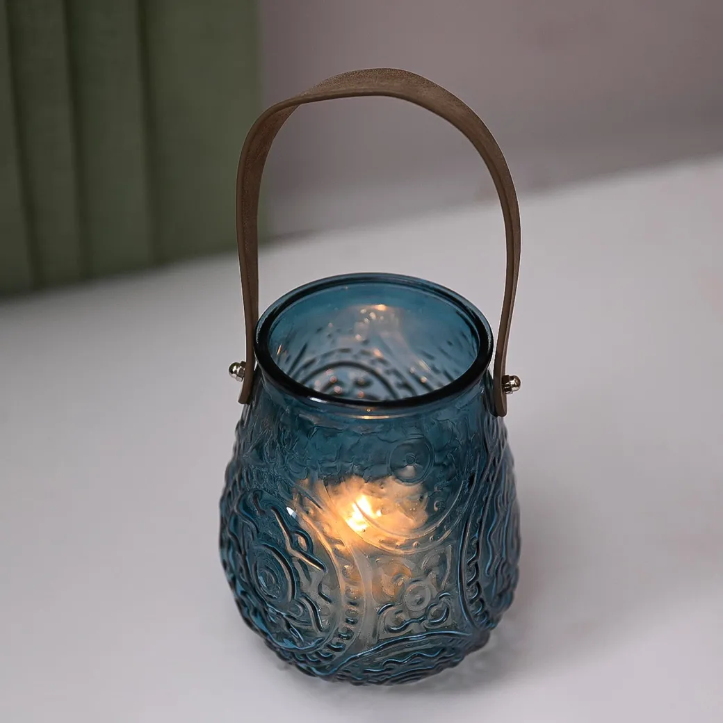 VON CASA Teal Blue Cylindrical Glass T-Light Holder