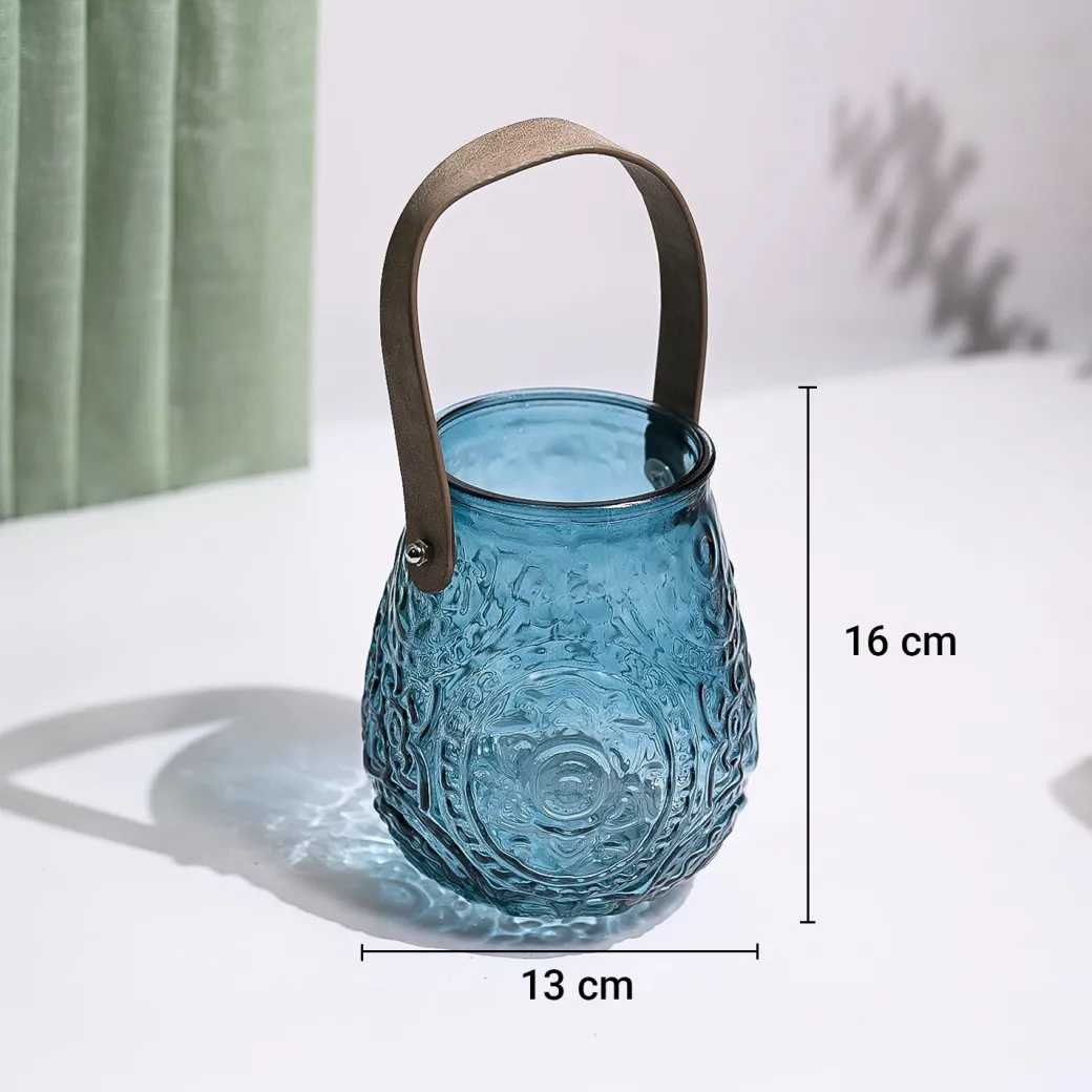 VON CASA Teal Blue Cylindrical Glass T-Light Holder