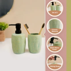VON CASA Teal Green Wave Ceramic Bathroom Set (Set Of 2)