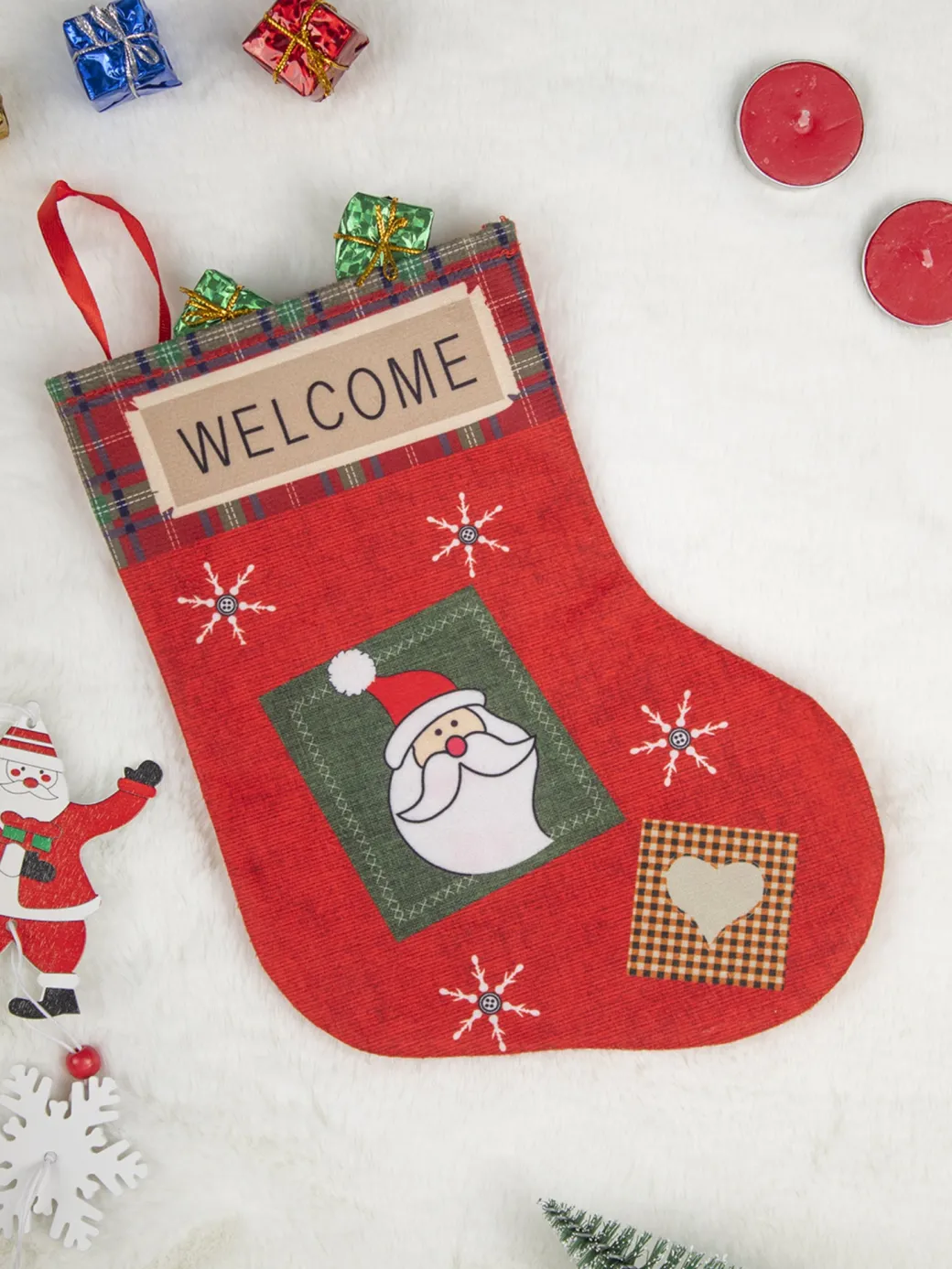Welcome & Santa Print - Christmas Hanging Stocking Set Of 2 Pcs - IMAGE CHANGED
