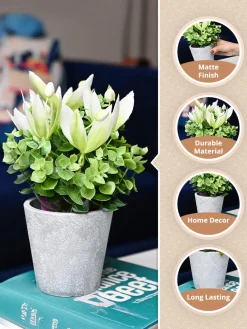 White & Green Artificial Flower with Pot - Cylindrical Shape