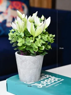 White & Green Artificial Flower with Pot - Cylindrical Shape