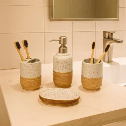 White & Grey Ceramic Bathroom Set - Matte, Stone Finish