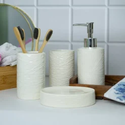 White Ceramic Bathroom Set - Matte, Geometric Pattern