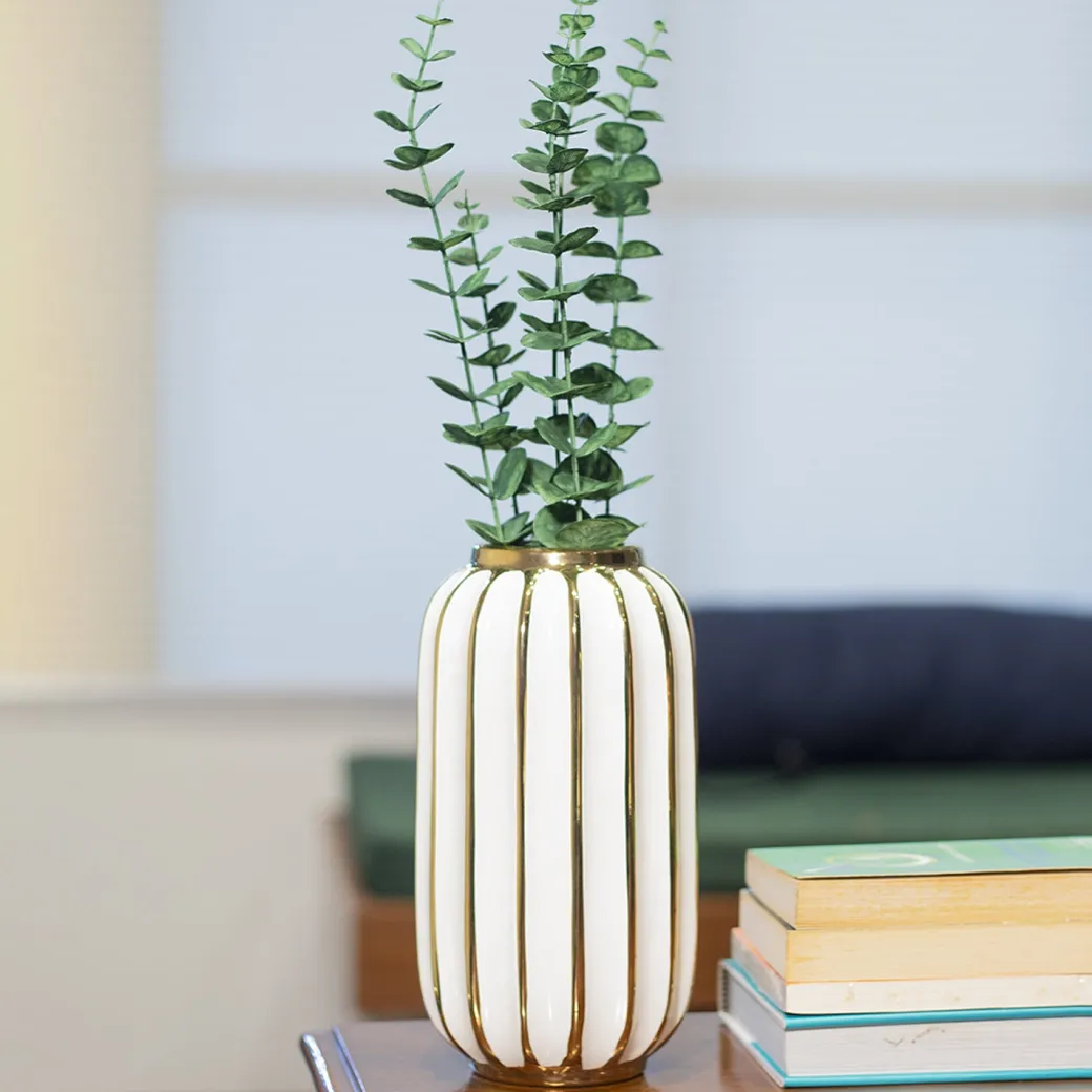 White Ceramic Vase - Ribbed Design, Flower Holder
