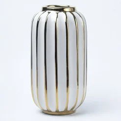 White Ceramic Vase - Ribbed Design, Flower Holder