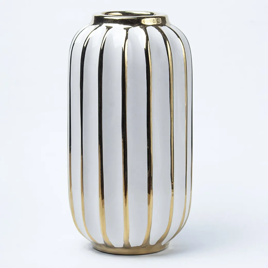 White Ceramic Vase - Ribbed Design, Flower Holder