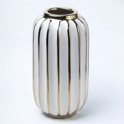 White Ceramic Vase - Ribbed Design, Flower Holder