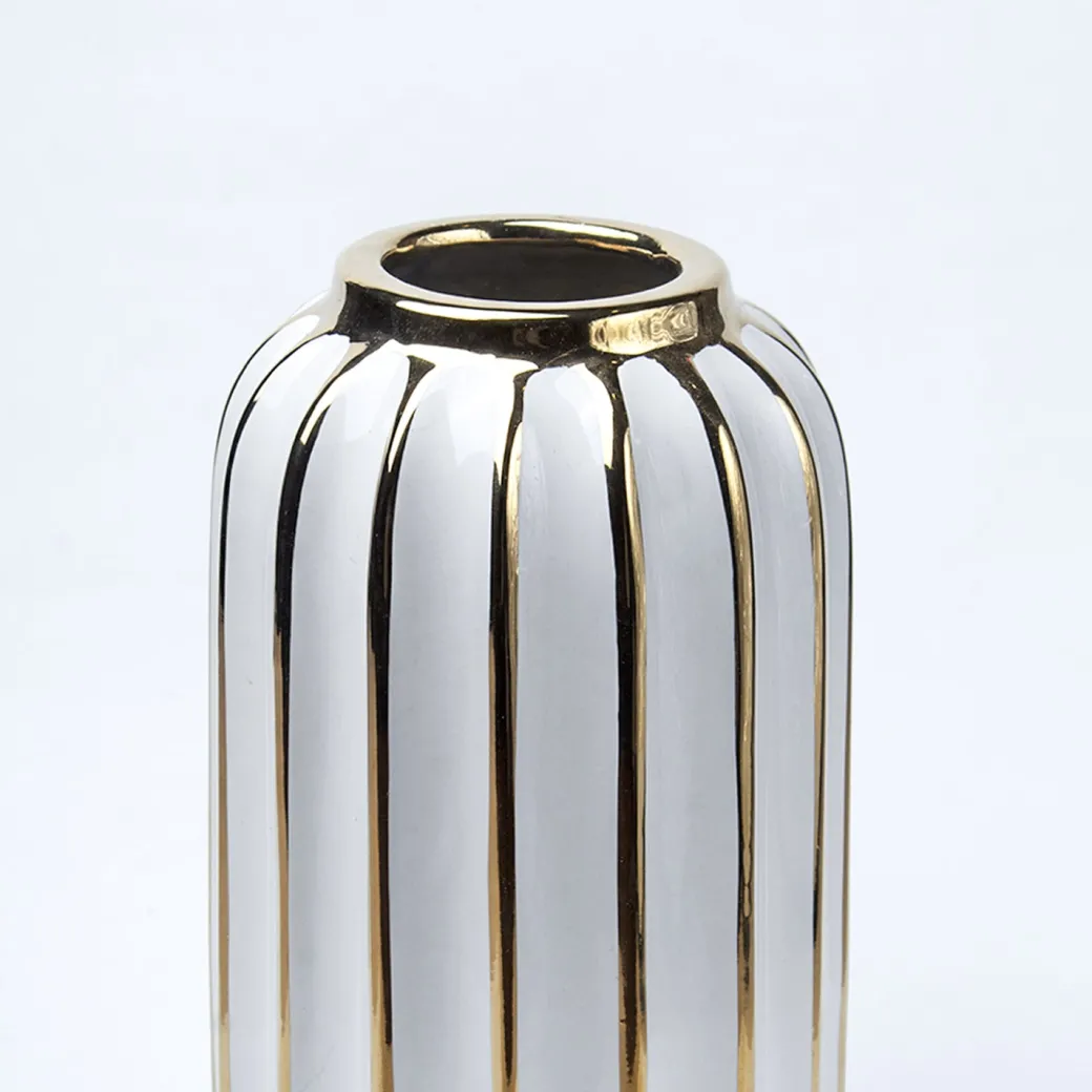 White Ceramic Vase - Ribbed Design, Flower Holder