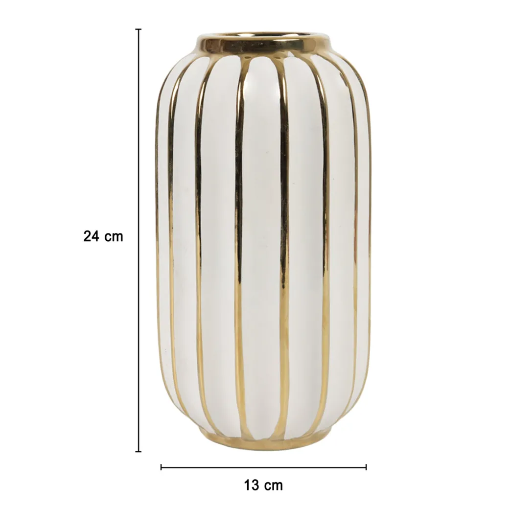 White Ceramic Vase - Ribbed Design, Flower Holder