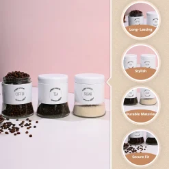 White Coffee, Tea & Sugar Jar Set Of 3, Each 600mL
