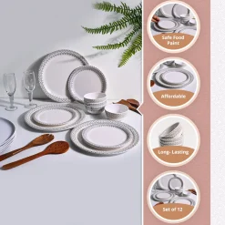 White Morrocone Hammered Melamine Dinner Set – 12 Pcs