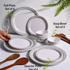 White Morrocone Hammered Melamine Dinner Set – 12 Pcs