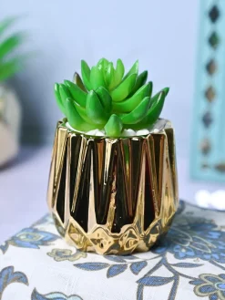 Zigzag Beauty - Glossy Ceramic Pot with Artificial Plant