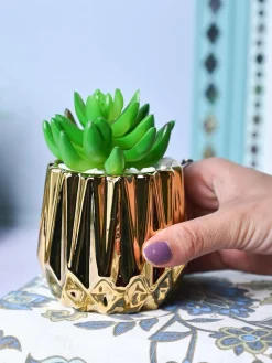 Zigzag Beauty - Glossy Ceramic Pot with Artificial Plant